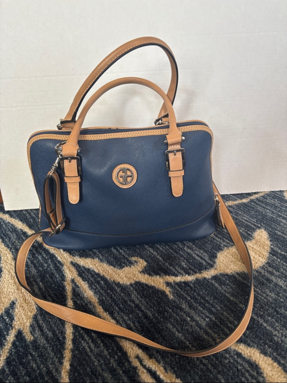 Giani Bernini Navy and Tan Two-Tone Satchel with Shoulder Strap